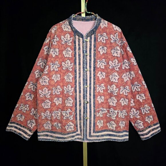 Vtg 70s Reversible Indian Cotton Toggle Jacket/Coat with Leaf Print - Picture 1 of 10
